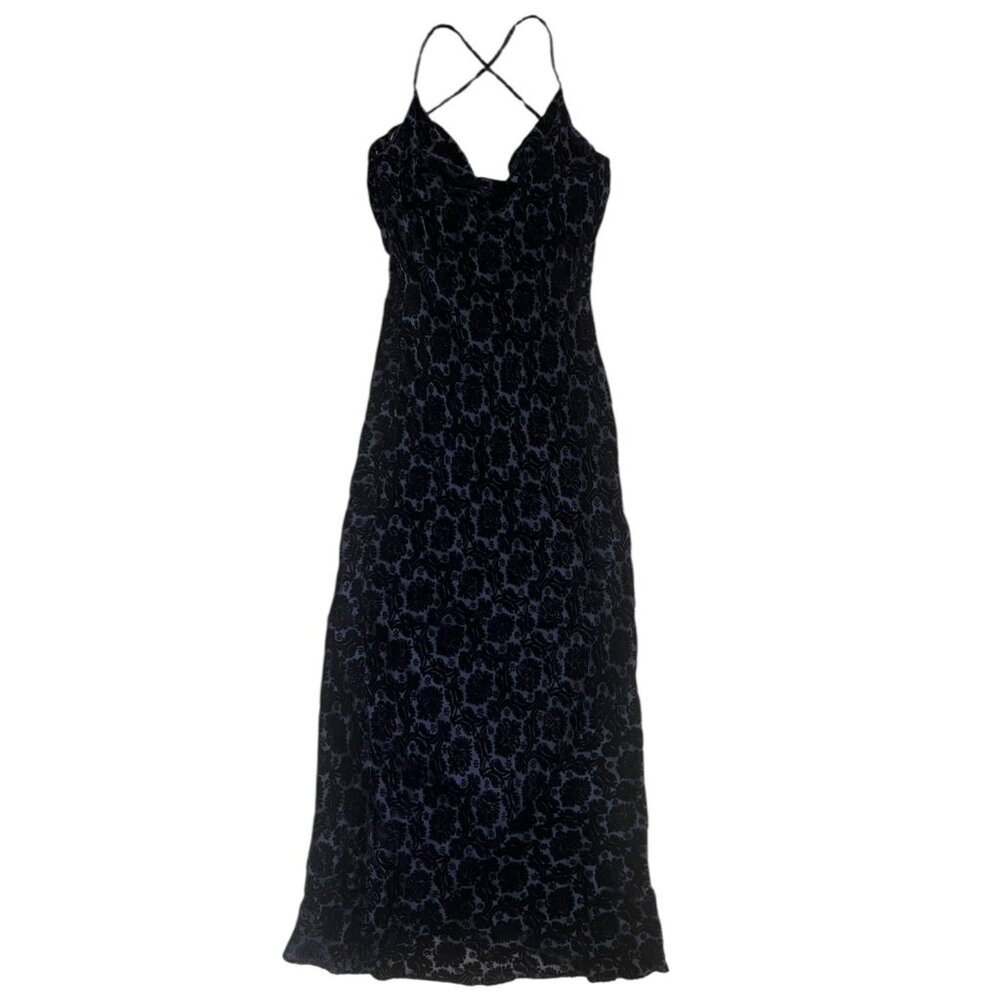 Vintage Velvet Burnout Slinky Cowl Maxi Gown Navy 4 Witchy Whimsygoth Vampire - Picture 1 of 14